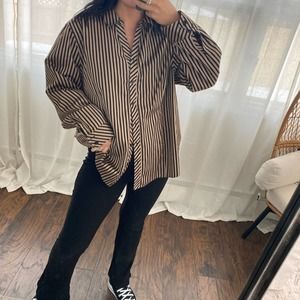 Vintage oversized black and beige striped collared oversized button up shirt